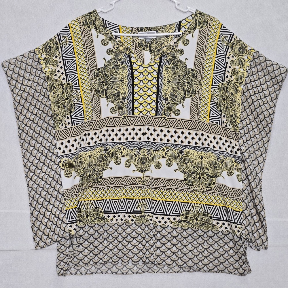 JM Collection Women Yellow Black Geometric Ornate Kaftan Top Size Medium WPL8046